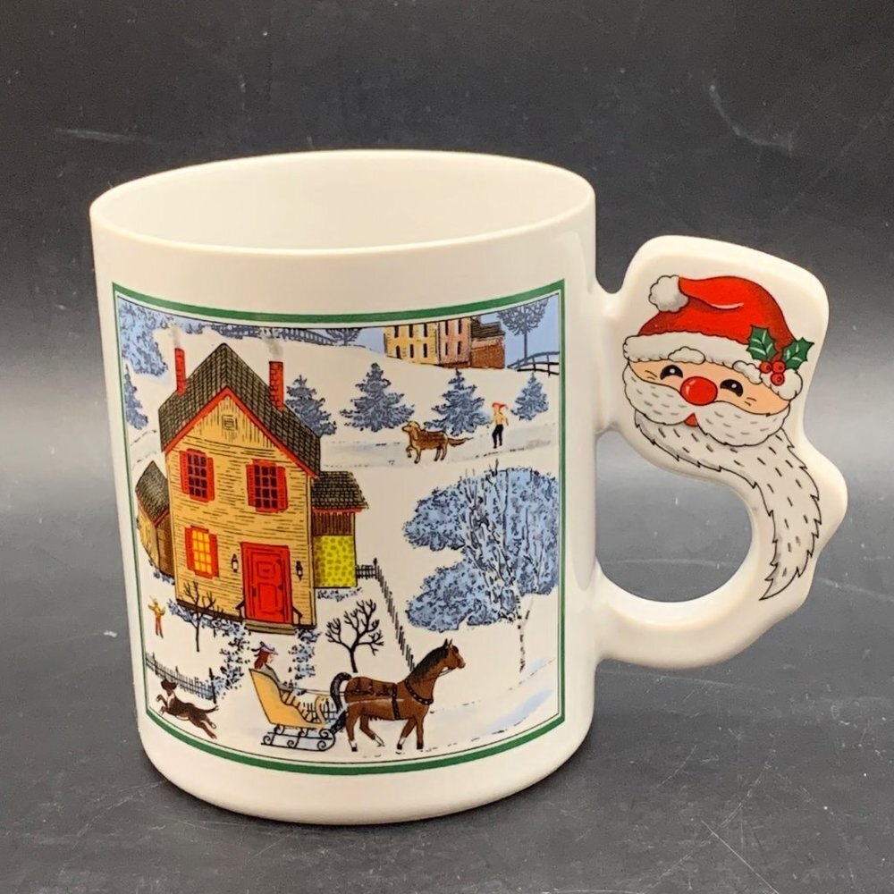Christmas Santa Mug Cup White With VTG Santa & Houses Snow Scene Made In Japan